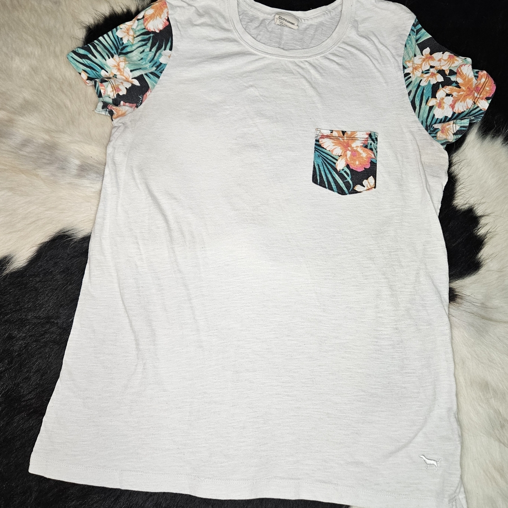 PINK Victoria's Secret White Tee with Floral Sleeves